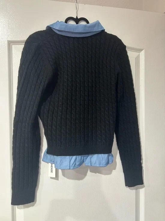 Commense Black Cable-Knit Button Cardigan with Light Blue Shirt Detail - Picture 2 of 3